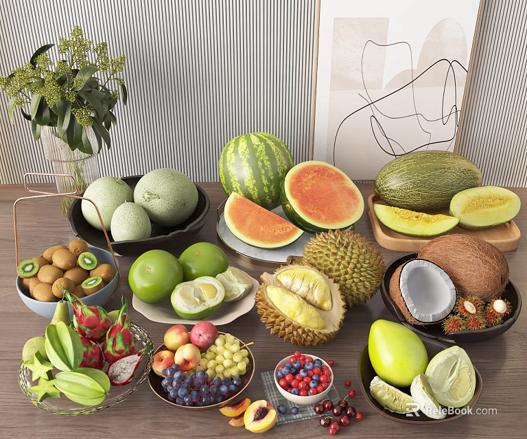 Diverse Fresh Fruits Display With Watermelon Durian Coconut Avocado Grapes And Berries 3d model 