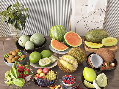 Diverse Fresh Fruits Display With Watermelon Durian Coconut Avocado Grapes And Berries 3d model