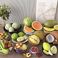 Diverse Fresh Fruits Display With Watermelon Durian Coconut Avocado Grapes And Berries