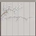 Light Colored Wooden Background Wall With Plum Branch And Mountain Patterns 3d model