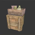 Stacked Wooden Crates With Clay Pots And Stones Inside Top Container