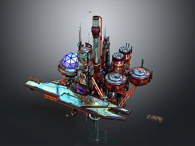 Futuristic Sci Fi Building Structure With Multiple Towers Dome Metallic Mechanical Components And Illuminated Elements 3d model