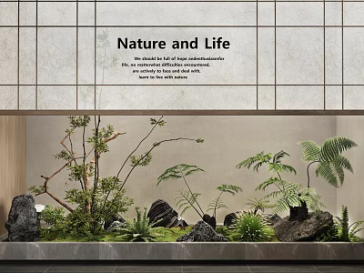 Indoor Natural Landscape with Green Plants Ferns and Stones Against Tile Wall with Text 3d model