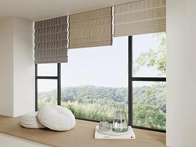 Roman Blinds in Bright Window with Green Forest View and Cushions on Wooden Sill 3d model