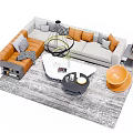 Modern Gray Orange L Shaped Sofa With Cushions And Irregular Coffee Table Set 3d model