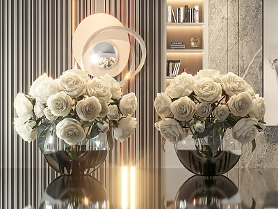 Two Glass Vases With White Roses Flowers On Reflective Table Modern Striped Wall Round Lamp 3d model