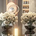 Two Glass Vases With White Roses Flowers On Reflective Table Modern Striped Wall Round Lamp
