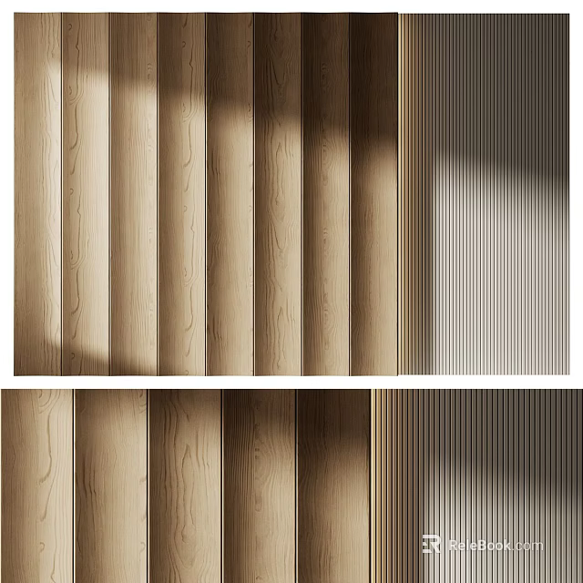 Modern Wooden Striped Wall Panel Design With Light And Shadow Effects 3d model