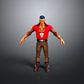 Game Movie Character With Blue Hair Red Vest And Brown Pants Standing Pose