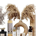 Stylish Decorative Accessories Set with Dried Flowers Green Plants Perfume Bottles Skincare Bottles and Vases