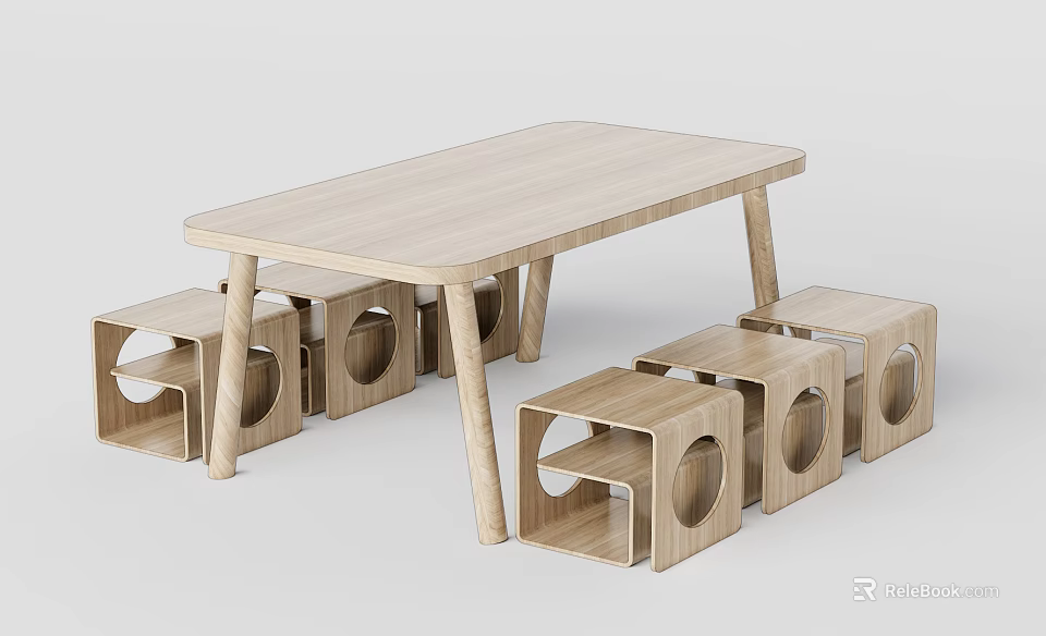 Kids Wooden Table And Stools Set With Circular Cutouts Light Wood Tone Simple Design 3d model 