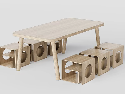 Kids Wooden Table And Stools Set With Circular Cutouts Light Wood Tone Simple Design 3d model