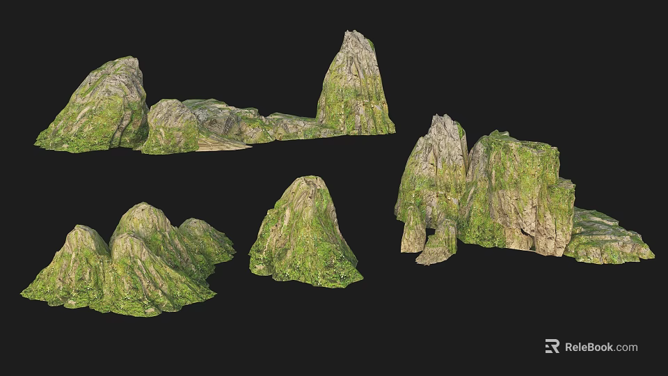 Green Rock Formations With Mossy Surfaces And Natural Landscape Details 3d model 