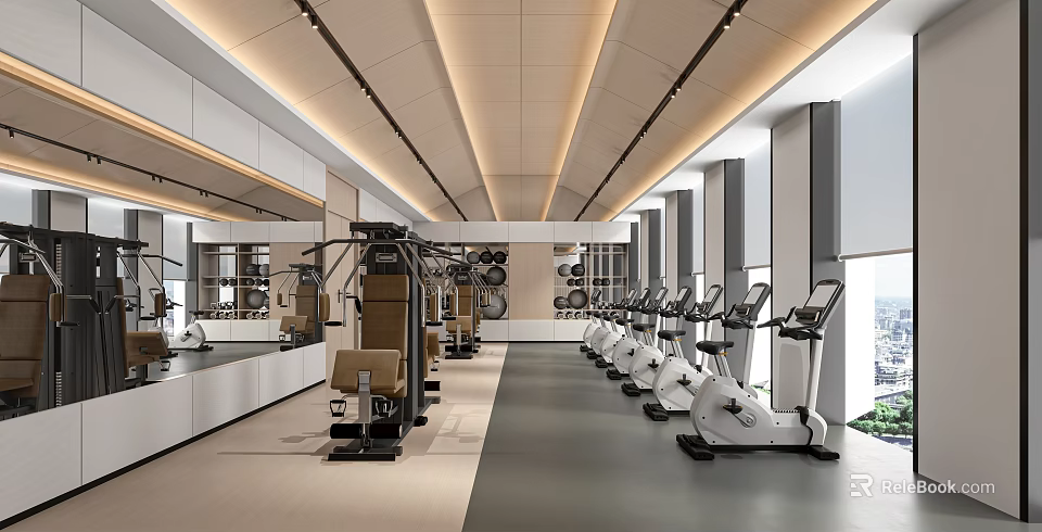 Modern Gym Interior With Various Fitness Equipment 3d model 