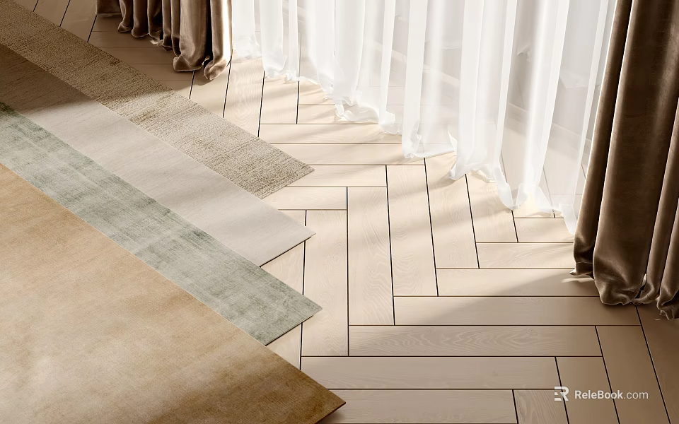 Square Rugs in Various Colors and Materials on Wooden Floor with White and Brown Curtains 3d model 