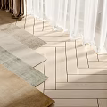 Square Rugs in Various Colors and Materials on Wooden Floor with White and Brown Curtains