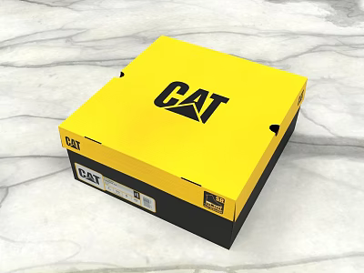 Vibrant Yellow CAT Logo Packaging Box For Lifestyle Product On Marble Surface 3d model