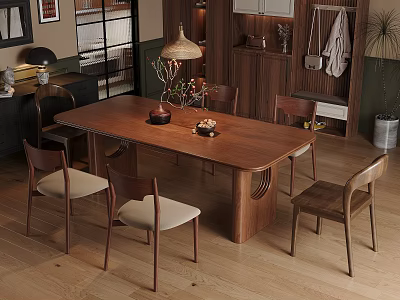 Cozy Dining Room With Wooden Table Chairs Decorative Pendant Lamp And Cabinets 3d model
