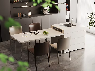 Modern Kitchen Interior With White Island Counter Dining Table And Chairs 3d model