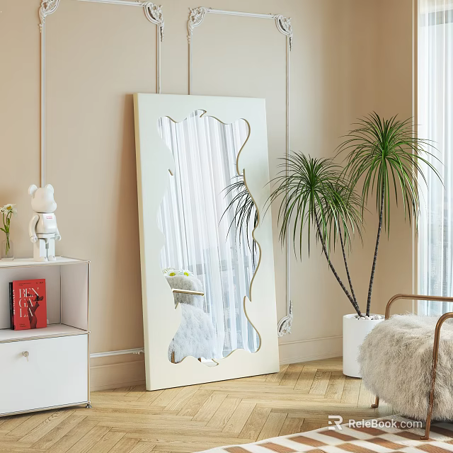 Decorative White Mirror In Modern Living Room With Potted Plants And Cabinet 3d model 