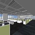 Modern Public Office Area Featuring Open Cubicles Green Partitions Office Desks And Large Windows 3d model