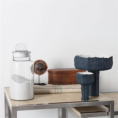 Elegant Home Living Essentials With Glass Jar Wooden Storage Box And Dark Blue Ceramic Containers 3d model