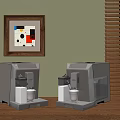 Modern Coffee Machines on Wooden Table with Geometric Painting and Wooden Blinds