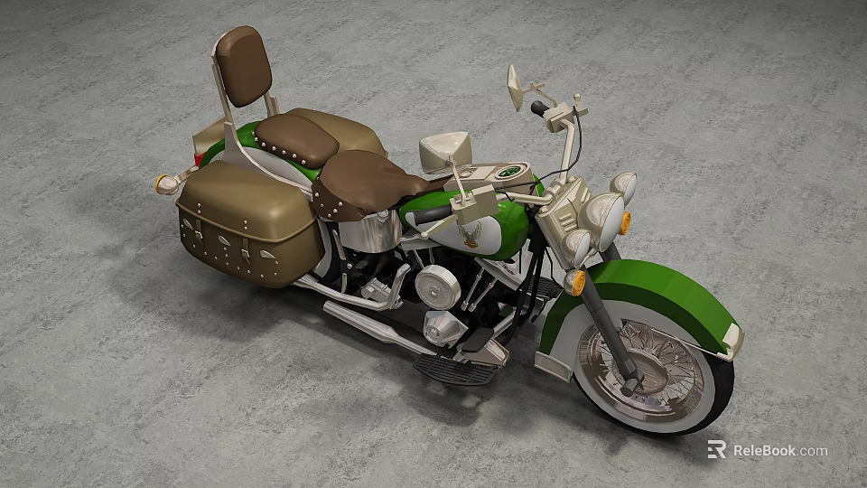 Classic Green Motorcycle With Brown Leather Seats And Saddlebag Chrome Details 3d model 