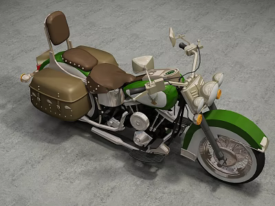 Classic Green Motorcycle With Brown Leather Seats And Saddlebag Chrome Details 3d model