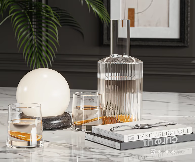 Modern Decorative Ornament Set With Glass Vase Globe And Cup On Marble Tabletop 3d model 