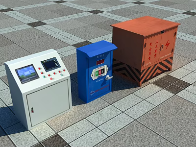 Industrial Equipment Control Panel With Display Buttons And Electrical Boxes With Warning Symbols 3d model