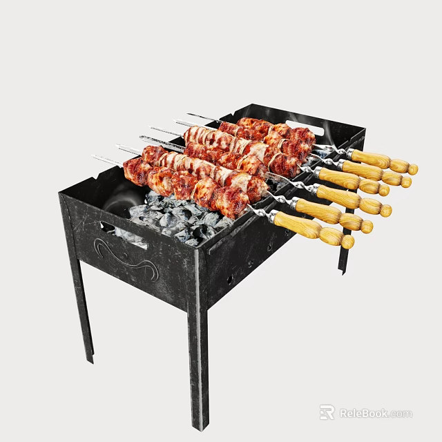 Outdoor Grill With Charcoal And Meat Skewers 3d model 