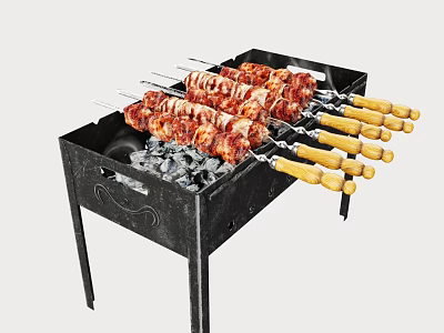 Outdoor Grill With Charcoal And Meat Skewers 3d model