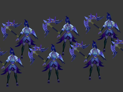 Detailed Blue Purple Game Character Holding Ornate Weapon In Multiple Poses 3d model