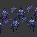 Detailed Blue Purple Game Character Holding Ornate Weapon In Multiple Poses
