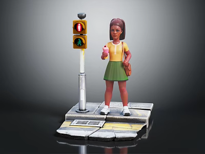 Young Girl With Yellow Top Green Skirt And Brown Bag Standing By Traffic Light 3d model