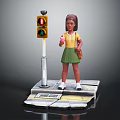 Young Girl With Yellow Top Green Skirt And Brown Bag Standing By Traffic Light