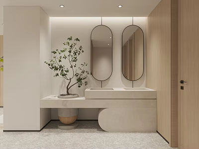Modern Hotel Bathroom Interior With Double Mirrors Vanity And Potted Plant 3d model
