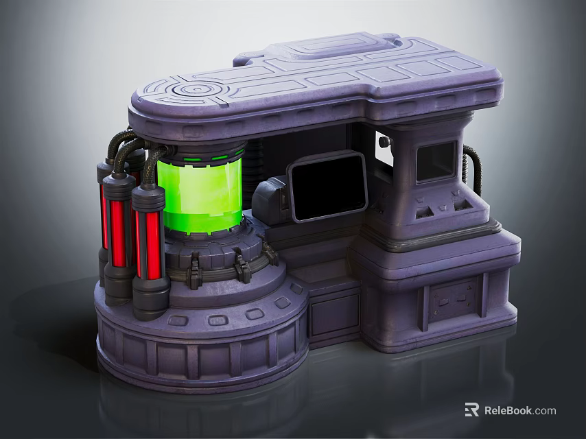 Futuristic Sci Fi Machine With Purple Structure Green Container And Red Columns 3d model