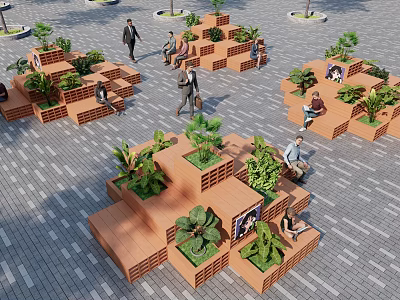 Modular Wooden Tree Planters in Urban Outdoor Plaza With Green Plants and People Sitting Around 3d model