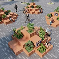 Modular Wooden Tree Planters in Urban Outdoor Plaza With Green Plants and People Sitting Around