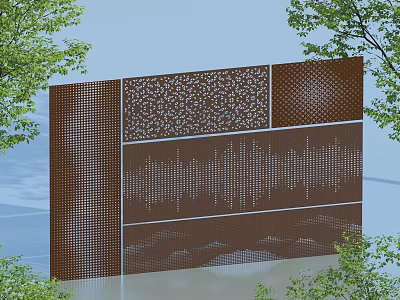 Decorative Perforated Screen With Intricate Patterns And Brown Surrounded By Green Trees Under Blue Sky 3d model