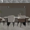 Modern Restaurant Interior With White Dining Table Upholstered Chairs Pendant Lights And Decorative Plants
