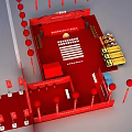 Red Exhibition Booth Design With Modern Structure Text Area And Decorative Elements 3d model