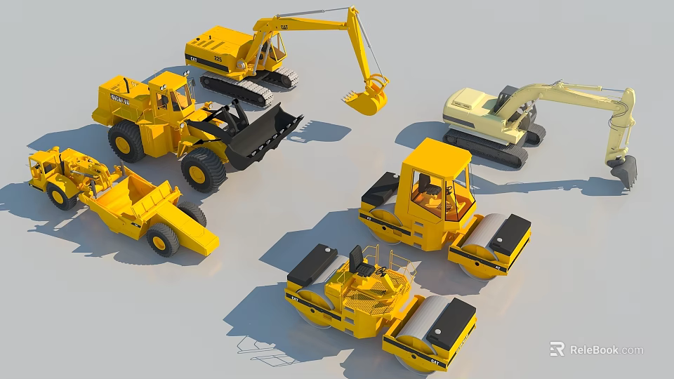 Yellow Construction Utility Vehicles Including Bulldozer Excavator Roller And Dump Truck 3d model 
