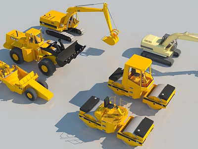 Yellow Construction Utility Vehicles Including Bulldozer Excavator Roller And Dump Truck 3d model