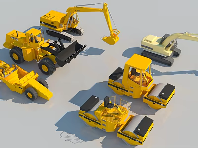 Yellow Construction Utility Vehicles Including Bulldozer Excavator Roller And Dump Truck 3d model