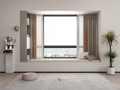 Cozy Bay Window Interior With Curtains Pillows City View And Potted Plant 3d model