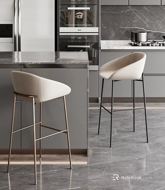 Stylish Beige Bar Stools With Metal Legs In Modern Kitchen Bar Setting 3d model 