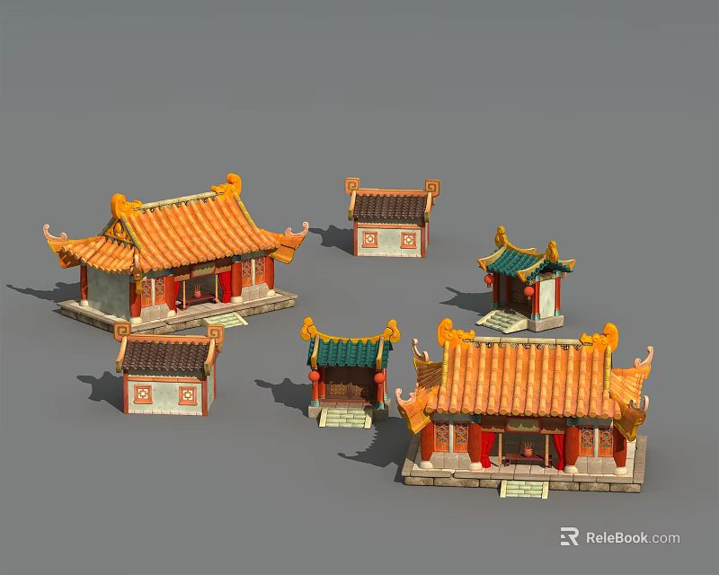 Cartoon Scenes Of Chinese Traditional Buildings With Colorful Roofs And Ornate Designs 3d model 